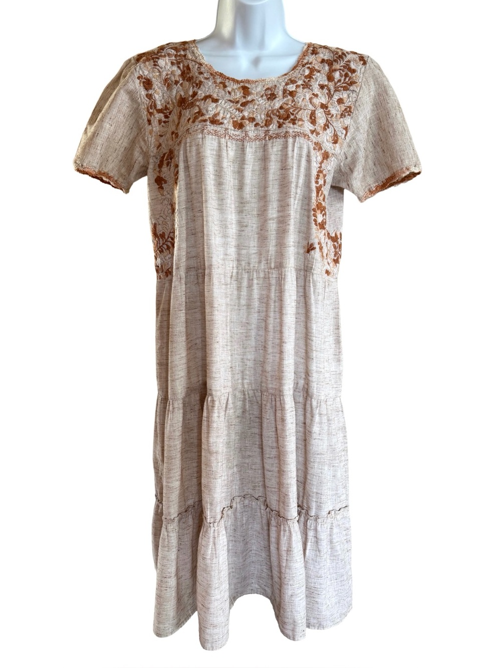 Margarita Mercantile Linen Embroidered Tiered Midi Dress S